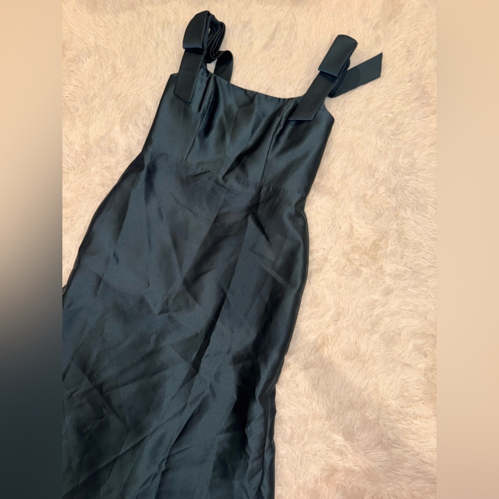 NEW Alfred Sung Bow Strap Satin Twill Trumpet Gown Sz 14 R evergreen green - Picture 3 of 6
